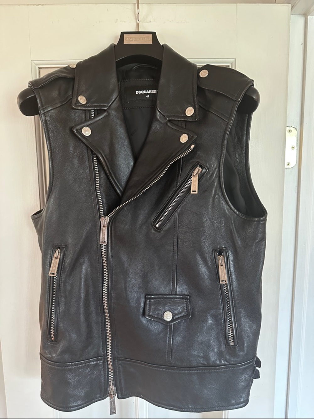 DSQUARED2 Black Leather Moto Vest - silver hardware & satin lining